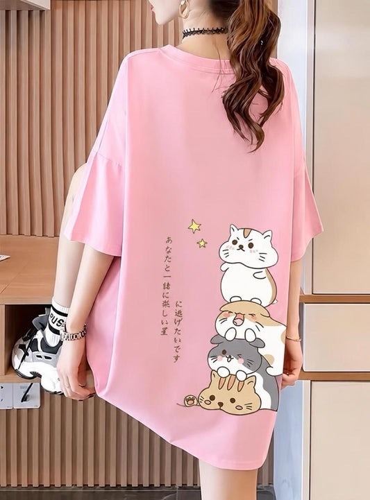 Harajuku Japon Yazılı Kedi Tasarımlı Unisex Oversize T-Shirt