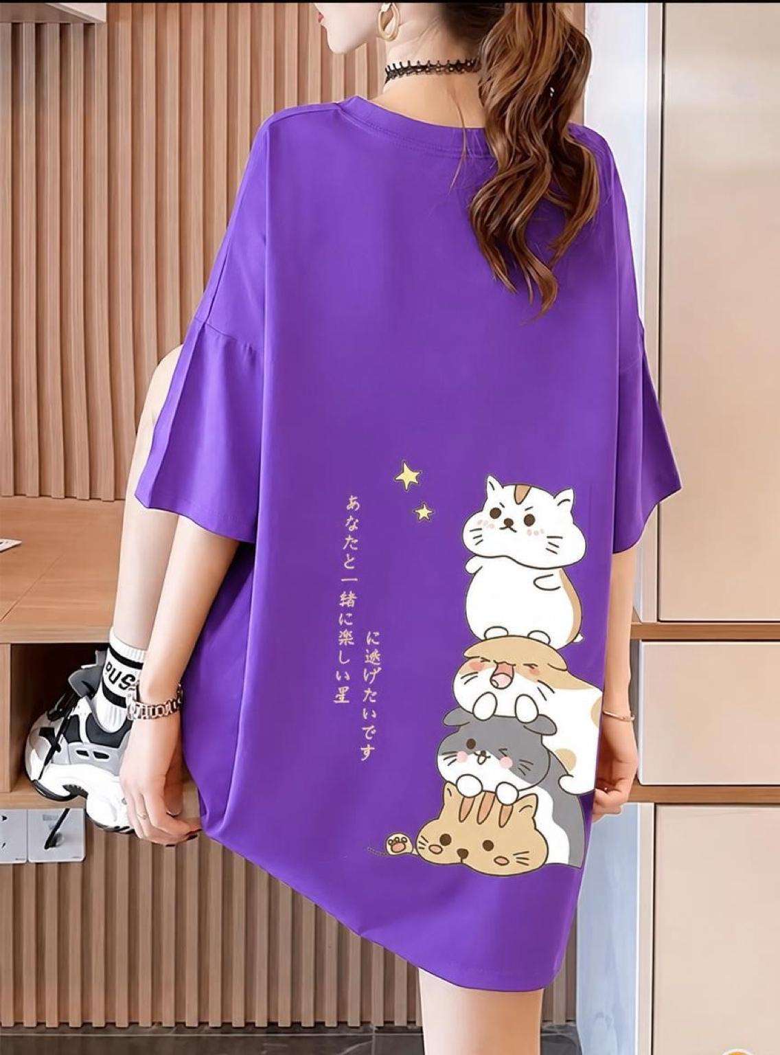 Harajuku Japon Yazılı Kedi Tasarımlı Unisex Oversize T-Shirt