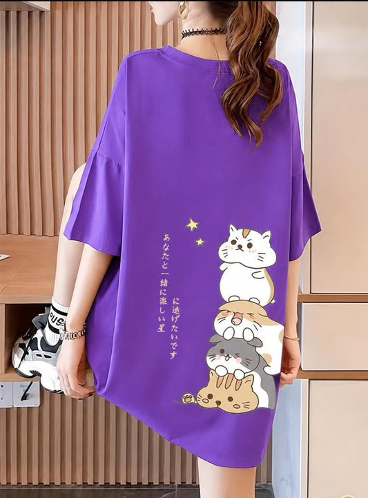 Harajuku Japon Yazılı Kedi Tasarımlı Unisex Oversize T-Shirt