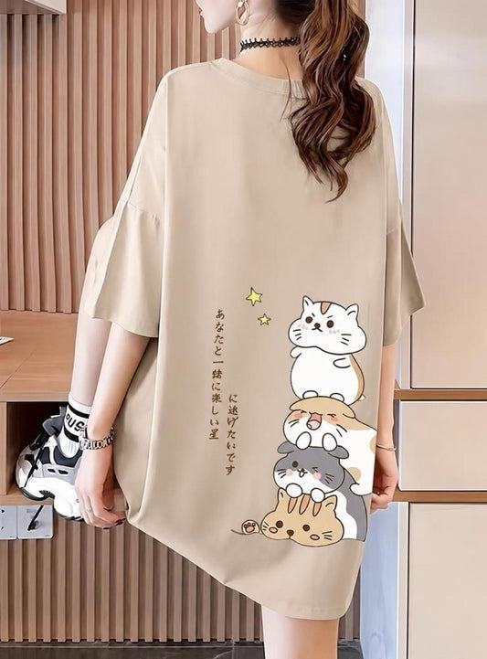 Harajuku Japon Yazılı Kedi Tasarımlı Unisex Oversize T-Shirt