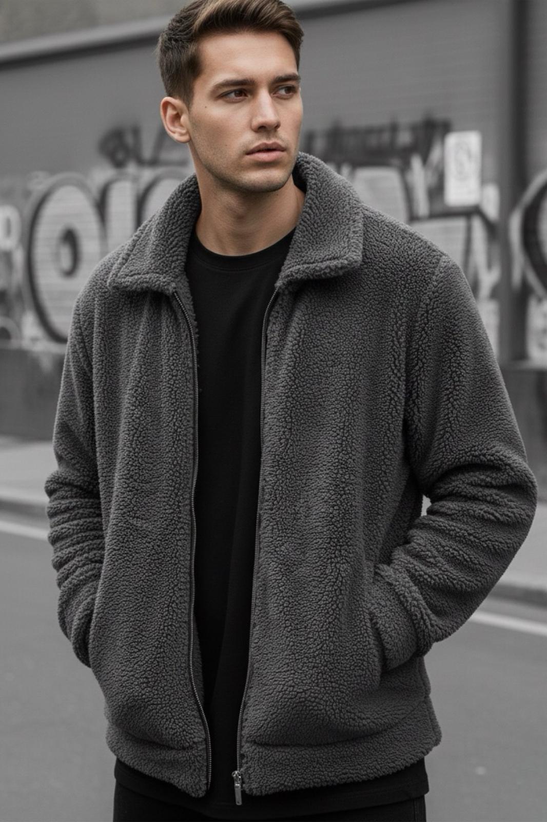 Harris Peluş Tam Fermuarlı Gömlek Yaka Kalın Erkek Hırka Sweatshirt Polar
