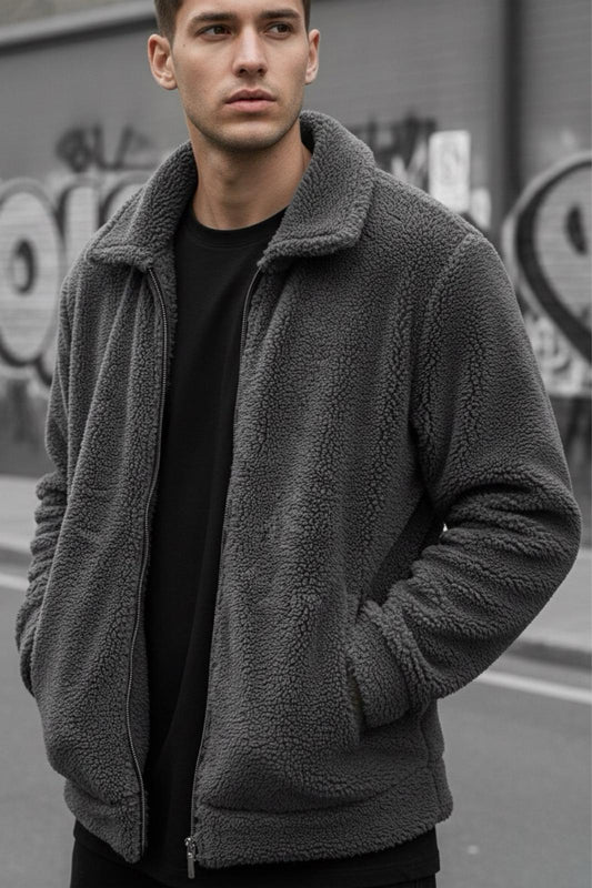 Harris Peluş Tam Fermuarlı Gömlek Yaka Kalın Erkek Hırka Sweatshirt Polar