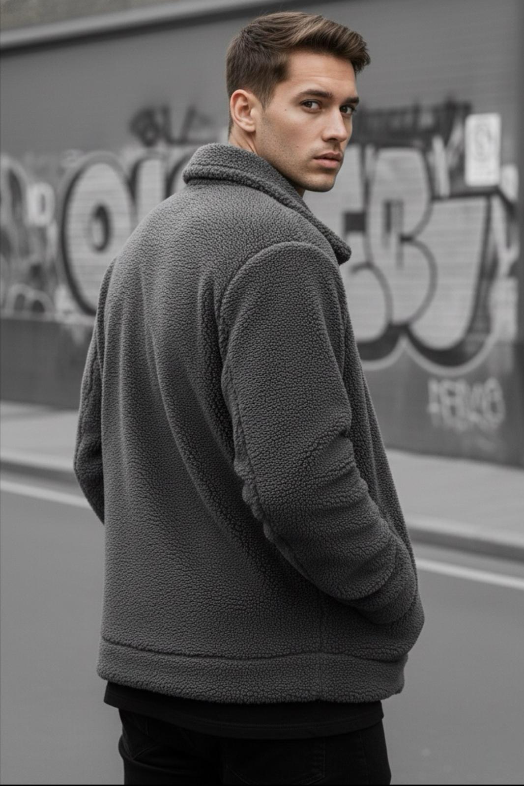Harris Peluş Tam Fermuarlı Gömlek Yaka Kalın Erkek Hırka Sweatshirt Polar