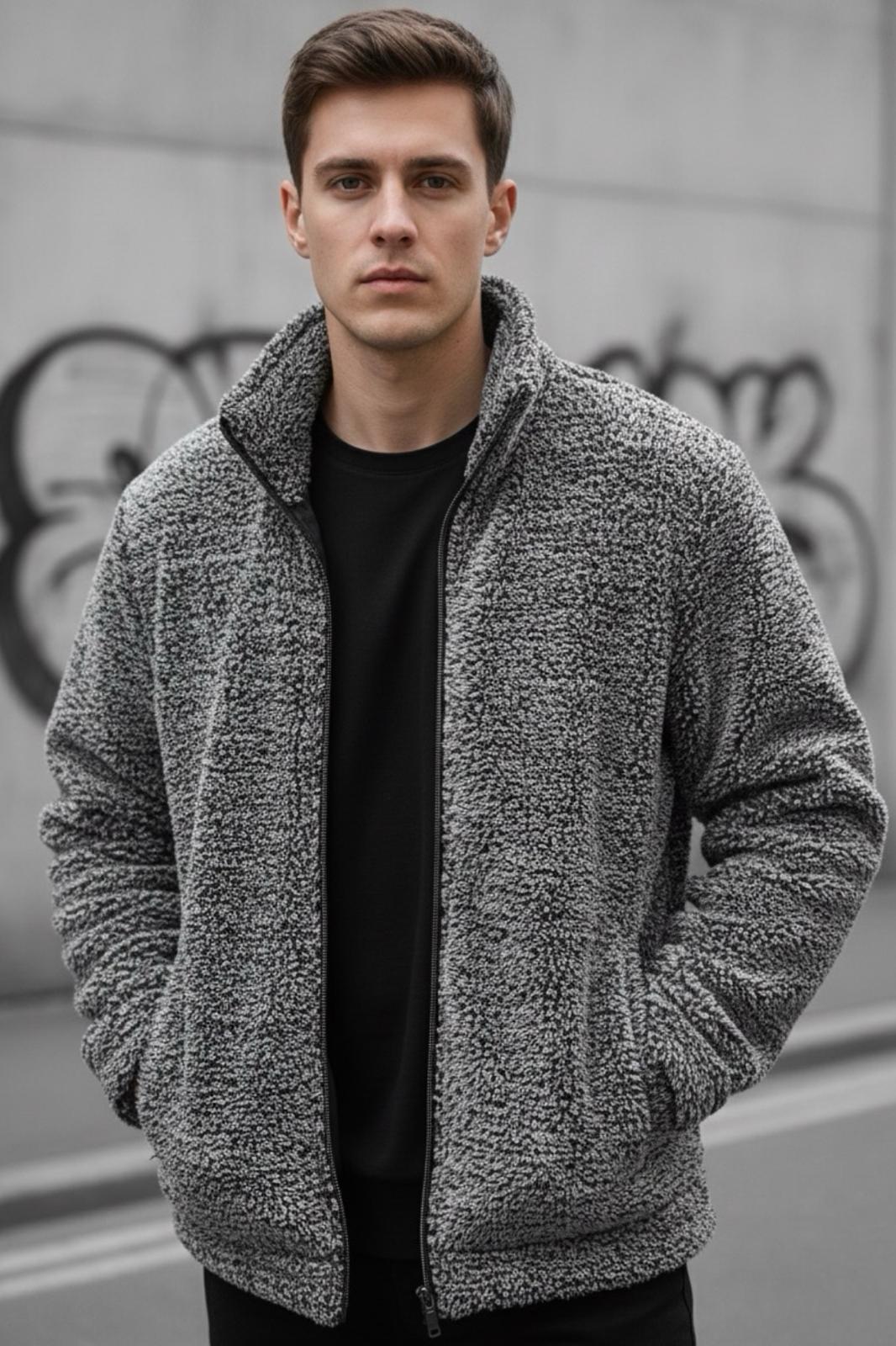 Harris Peluş Tam Fermuarlı Gömlek Yaka Kalın Erkek Hırka Sweatshirt Polar