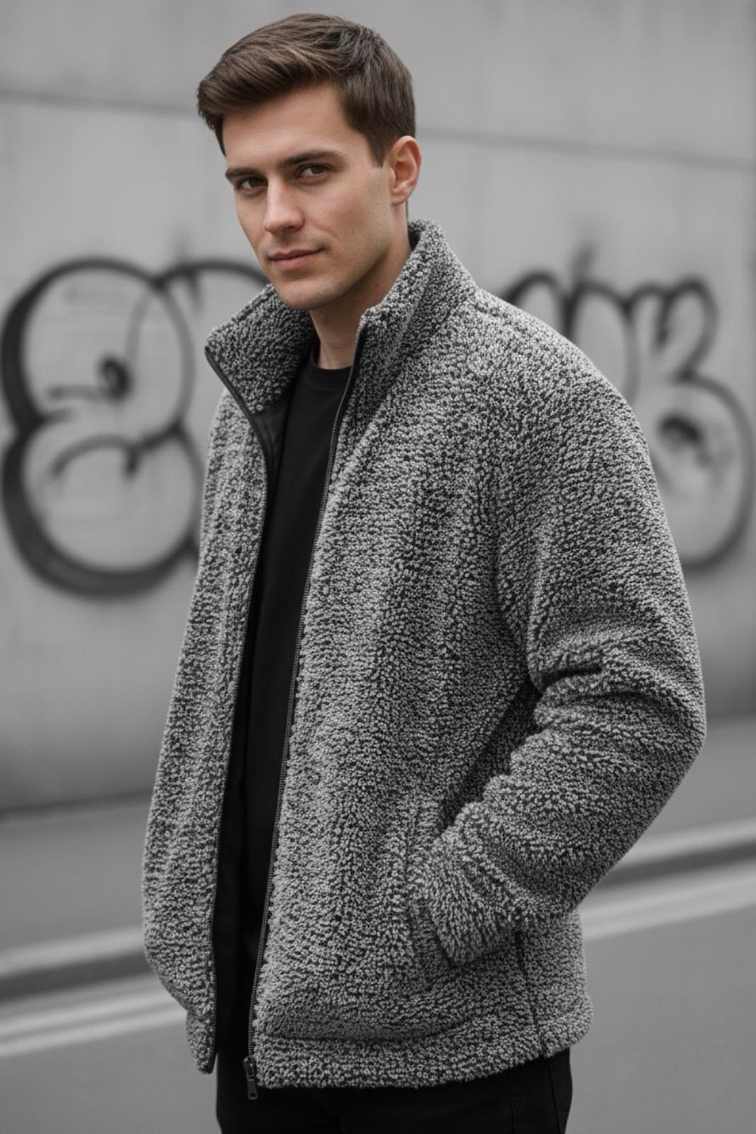 Harris Peluş Tam Fermuarlı Gömlek Yaka Kalın Erkek Hırka Sweatshirt Polar