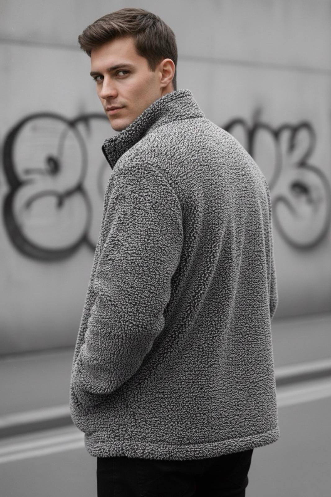 Harris Peluş Tam Fermuarlı Gömlek Yaka Kalın Erkek Hırka Sweatshirt Polar