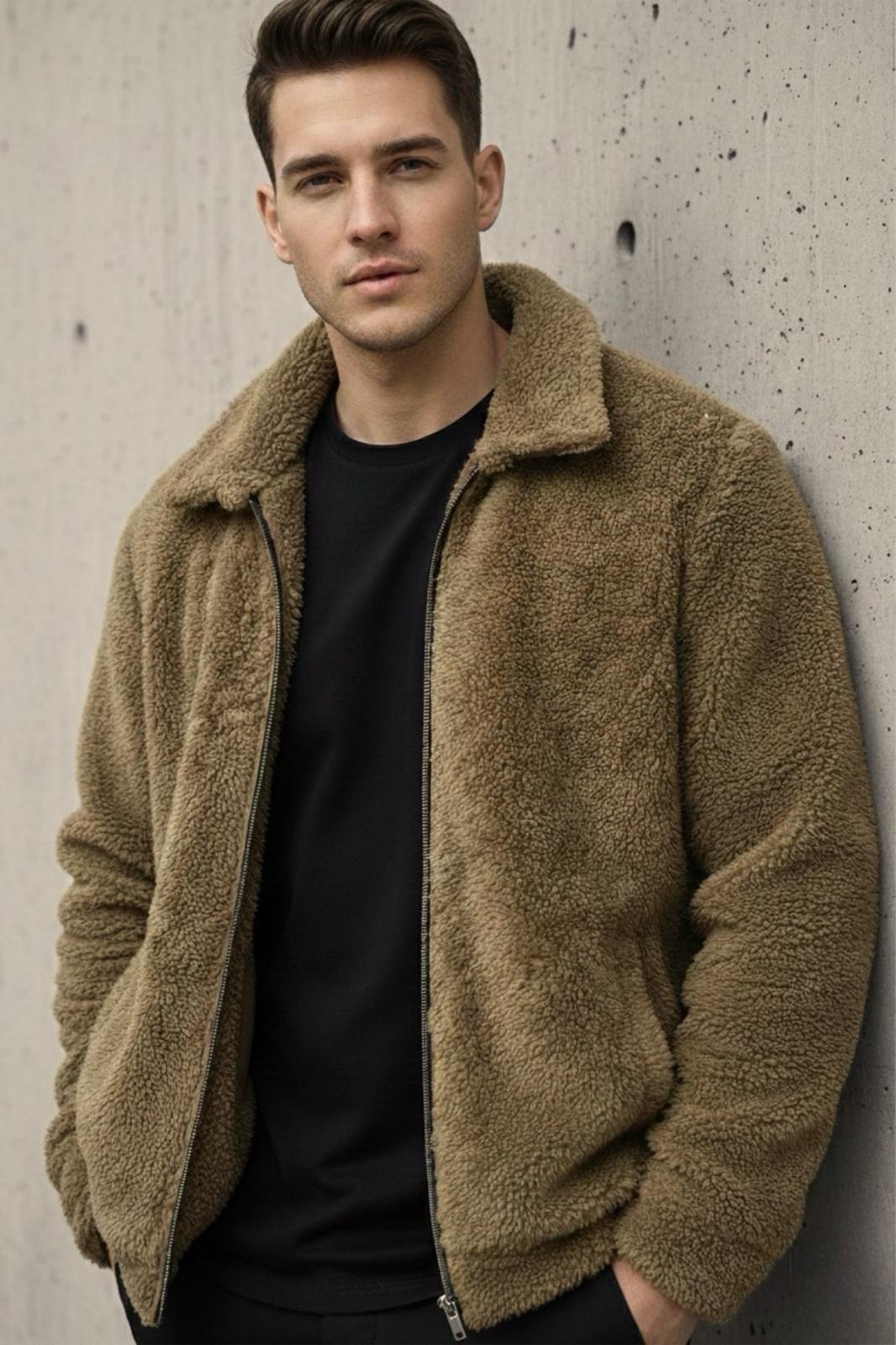Harris Peluş Tam Fermuarlı Gömlek Yaka Kalın Erkek Hırka Sweatshirt Polar