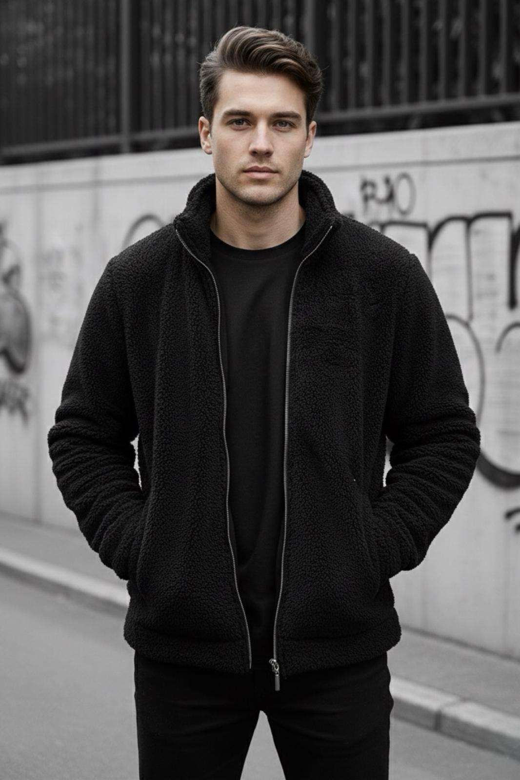Harris Peluş Tam Fermuarlı Gömlek Yaka Kalın Erkek Hırka Sweatshirt Polar