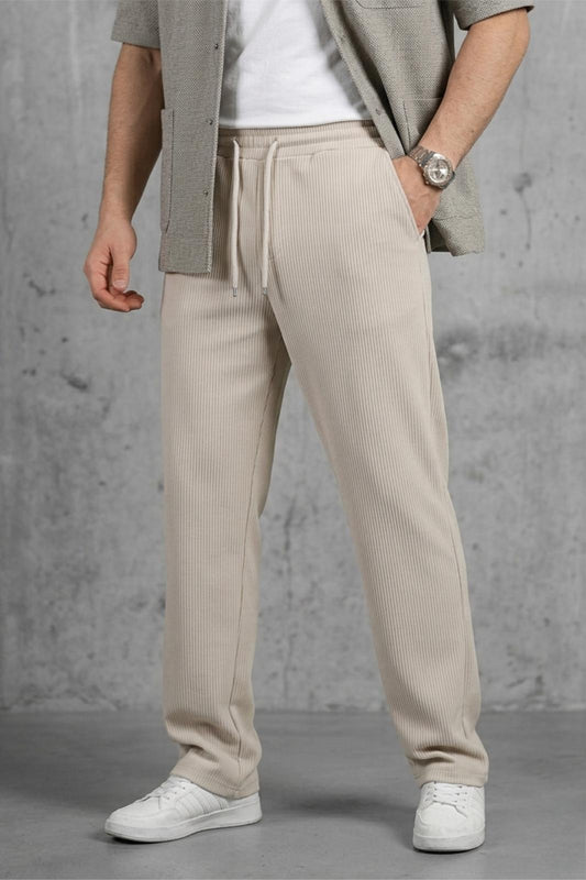 Hel 9030 Beli Lastikli ve Bağcıklı Likralı Esnek Örme Jogger Pantolon