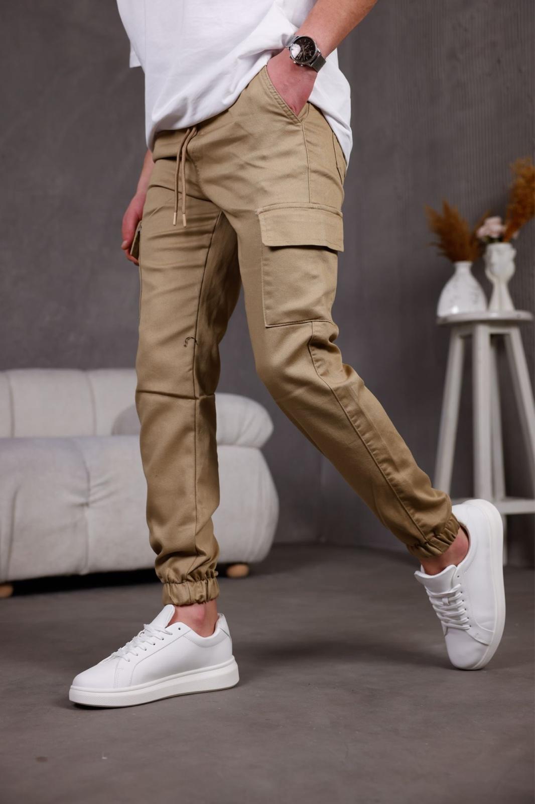 Hend Jogg Paçası ve Beli Lastikli Slim Fit Likralı Keten Kargo Pantolon