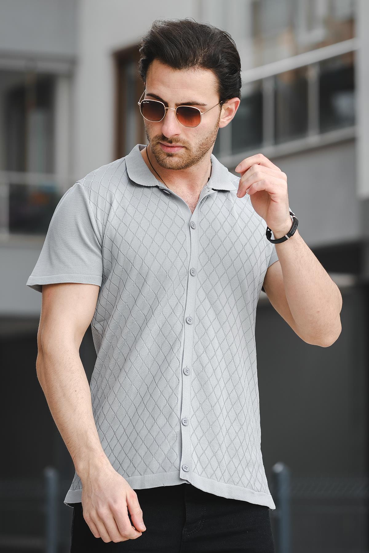 Ht 340015 Polo Yaka Desenli Slim Fit Kısa Kol Triko Erkek Gömlek