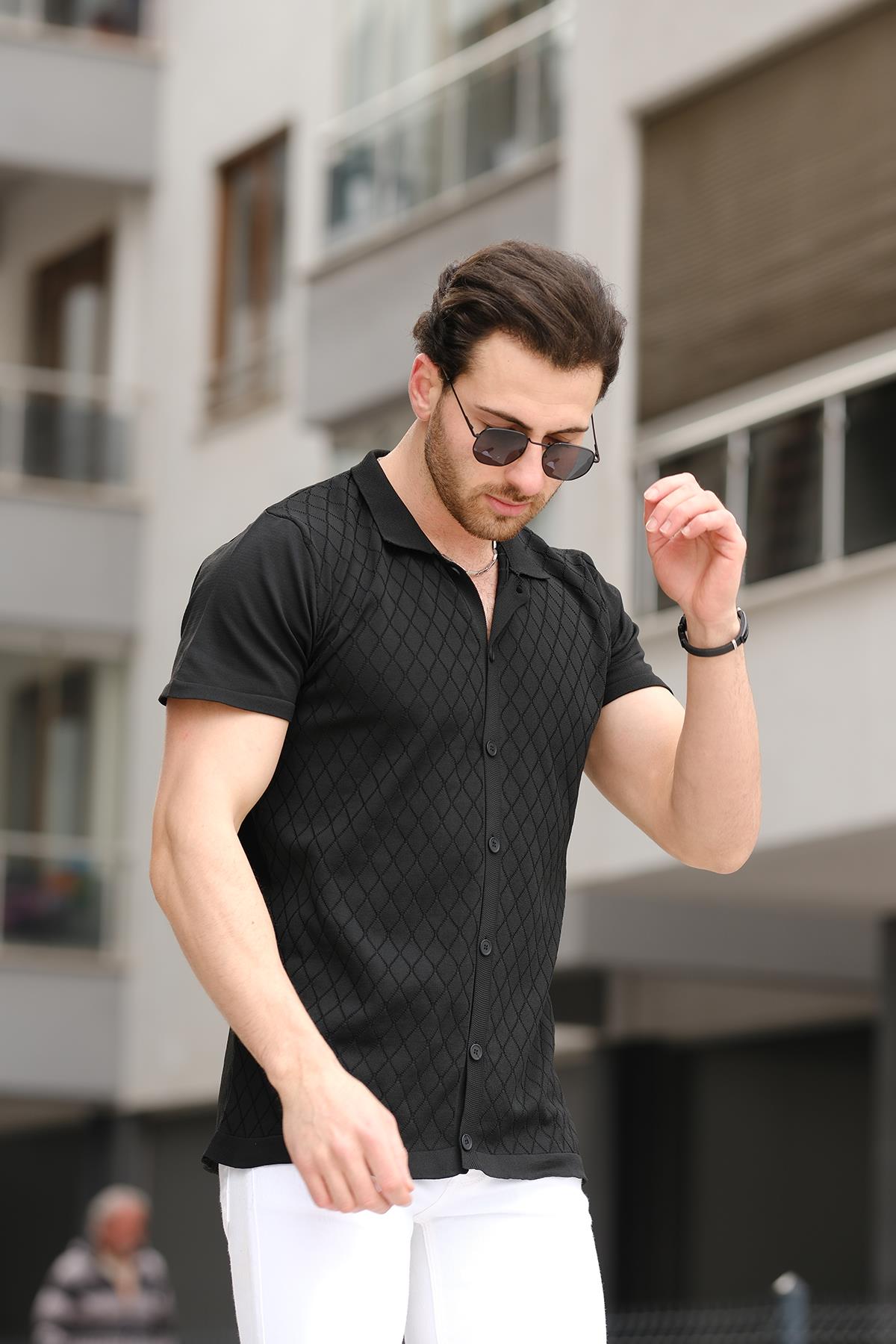 Ht 340015 Polo Yaka Desenli Slim Fit Kısa Kol Triko Erkek Gömlek