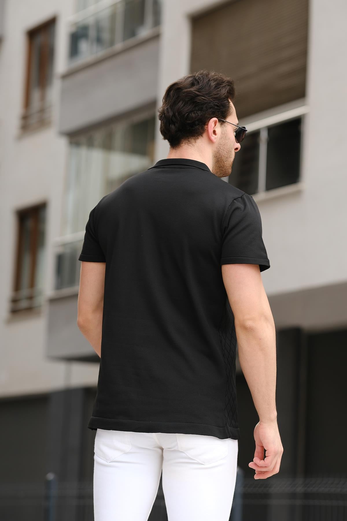 Ht 340015 Polo Yaka Desenli Slim Fit Kısa Kol Triko Erkek Gömlek