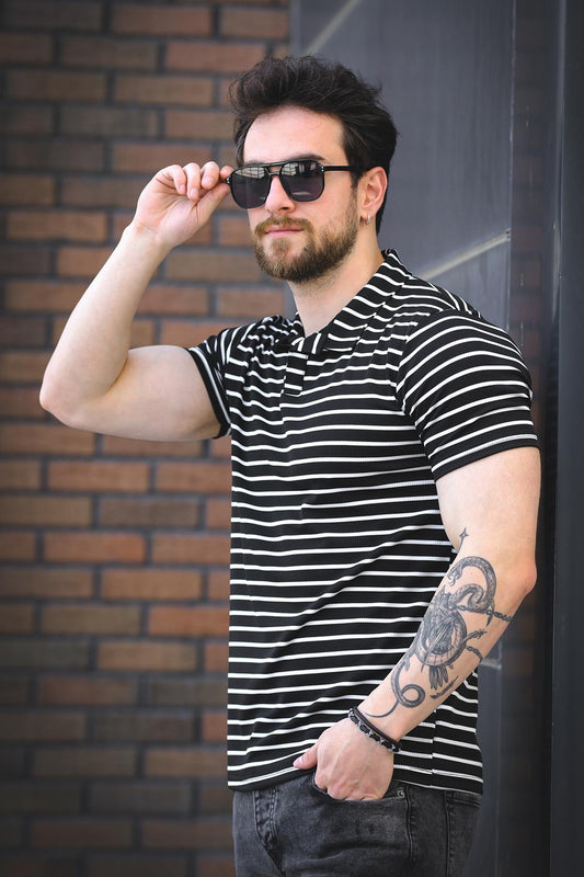 Ht 947008 Slim Fit Likralı Yarım Pat Çizgili Polo Yaka Erkek Tshirt