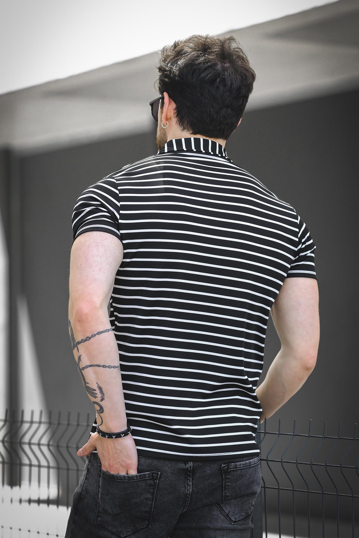 Ht 947008 Slim Fit Likralı Yarım Pat Çizgili Polo Yaka Erkek Tshirt
