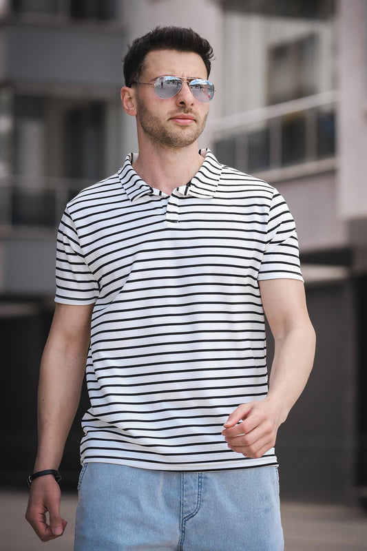 Ht 947008 Slim Fit Likralı Yarım Pat Çizgili Polo Yaka Erkek Tshirt