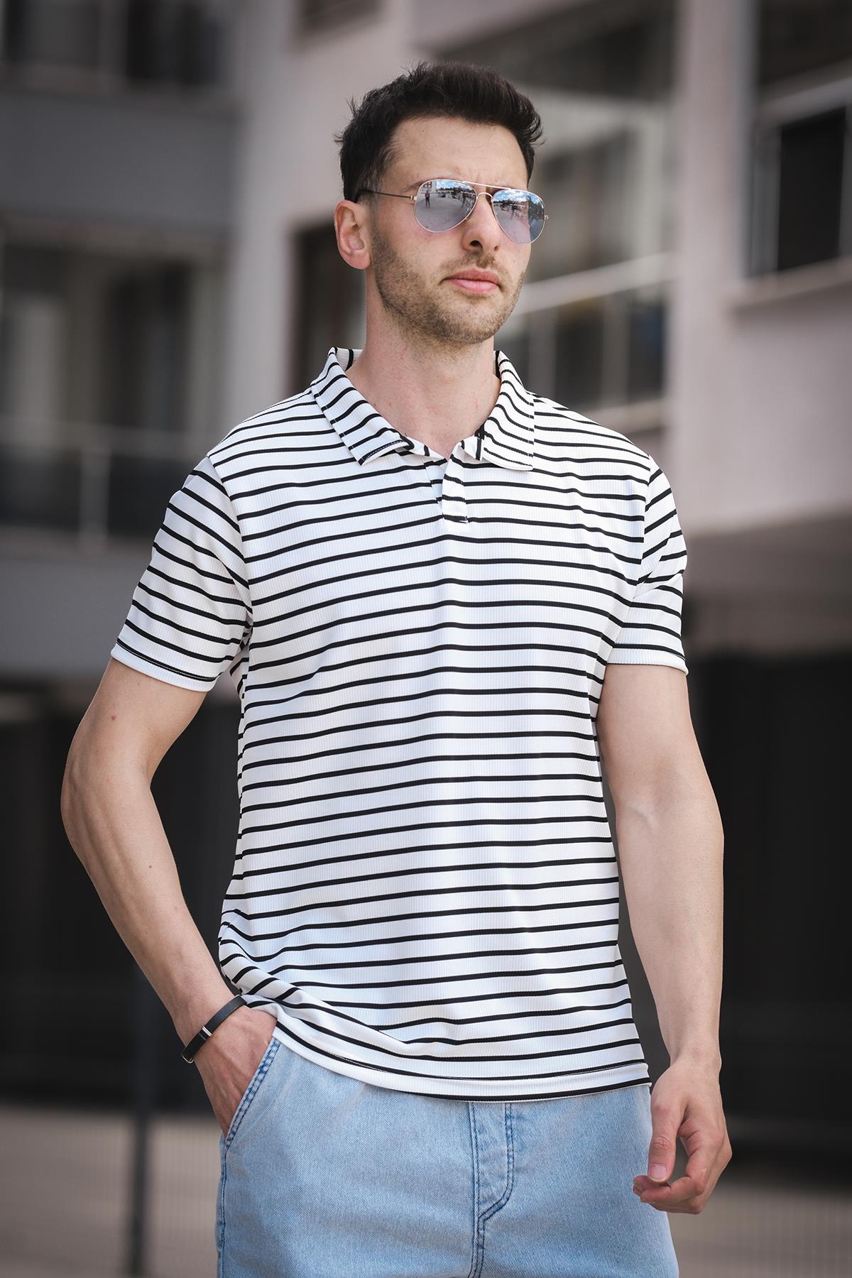 Ht 947008 Slim Fit Likralı Yarım Pat Çizgili Polo Yaka Erkek Tshirt