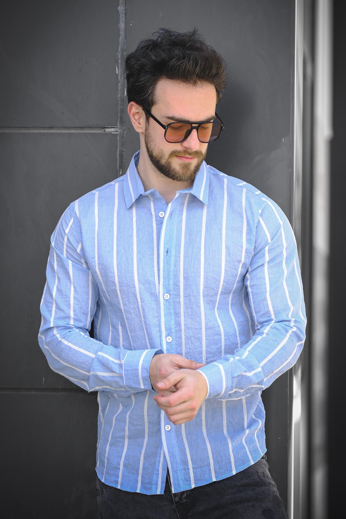 Ht 9540006 Slim Fit Çizgili Uzun Kol KetenErkek Gömlek