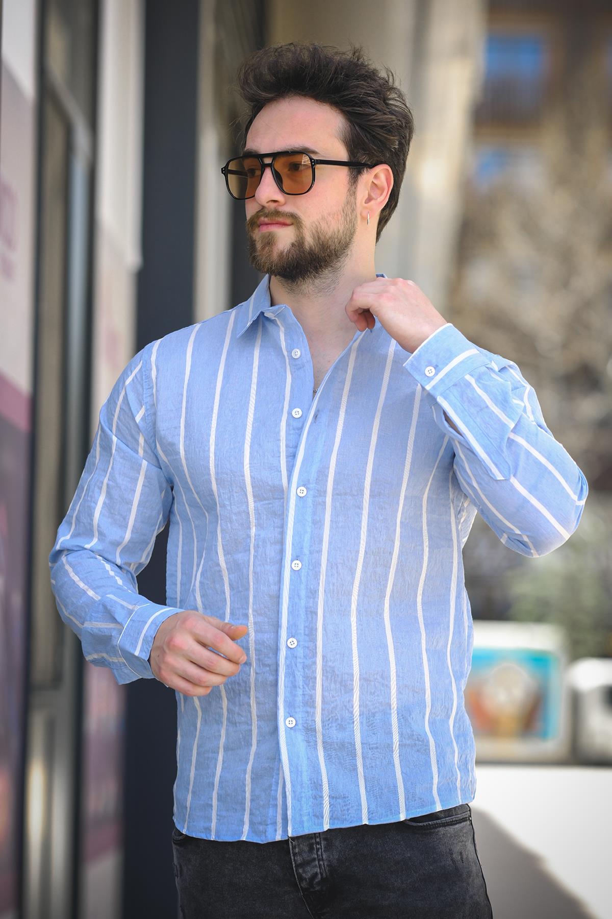 Ht 9540006 Slim Fit Çizgili Uzun Kol KetenErkek Gömlek