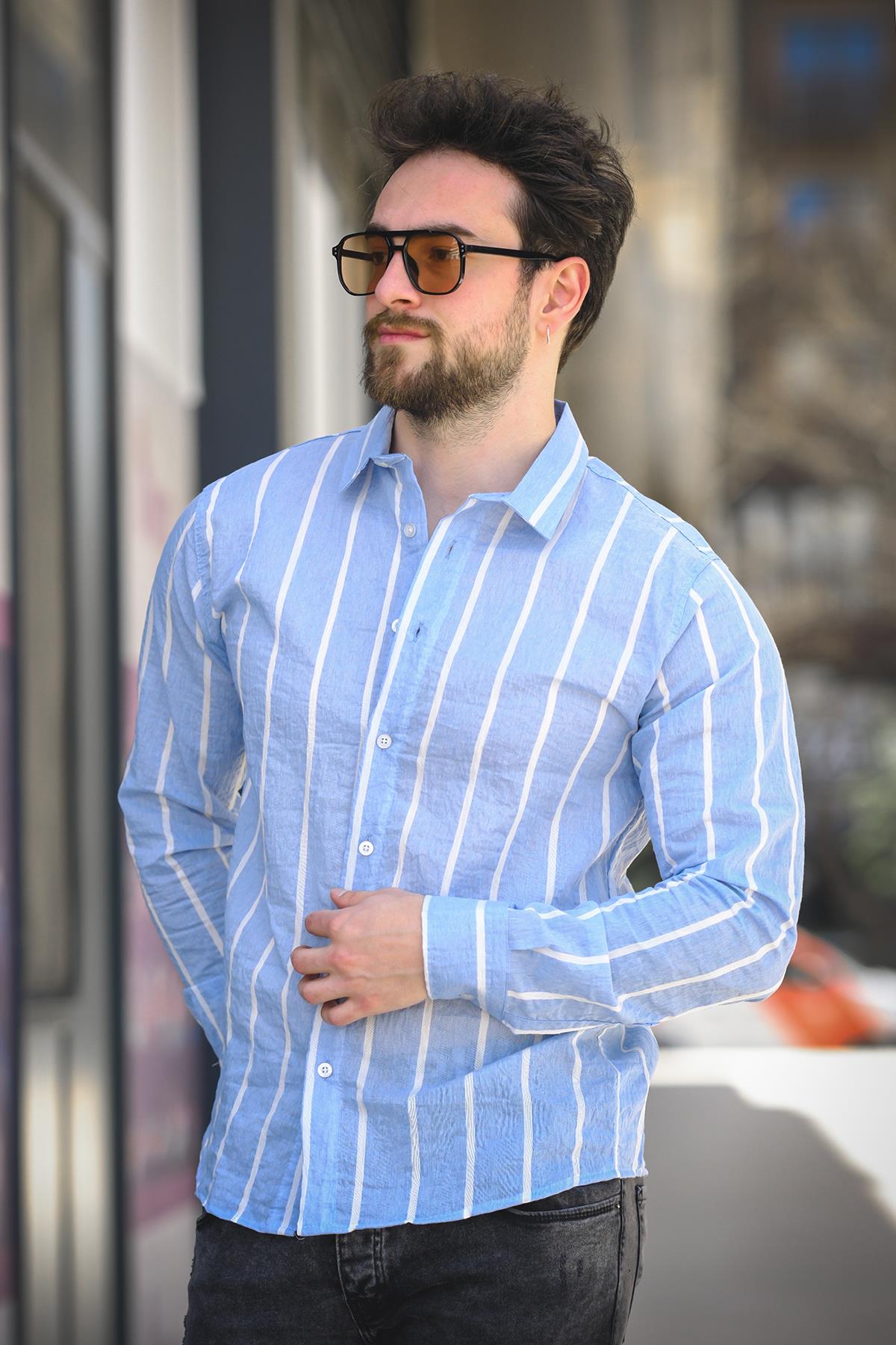 Ht 9540006 Slim Fit Çizgili Uzun Kol KetenErkek Gömlek