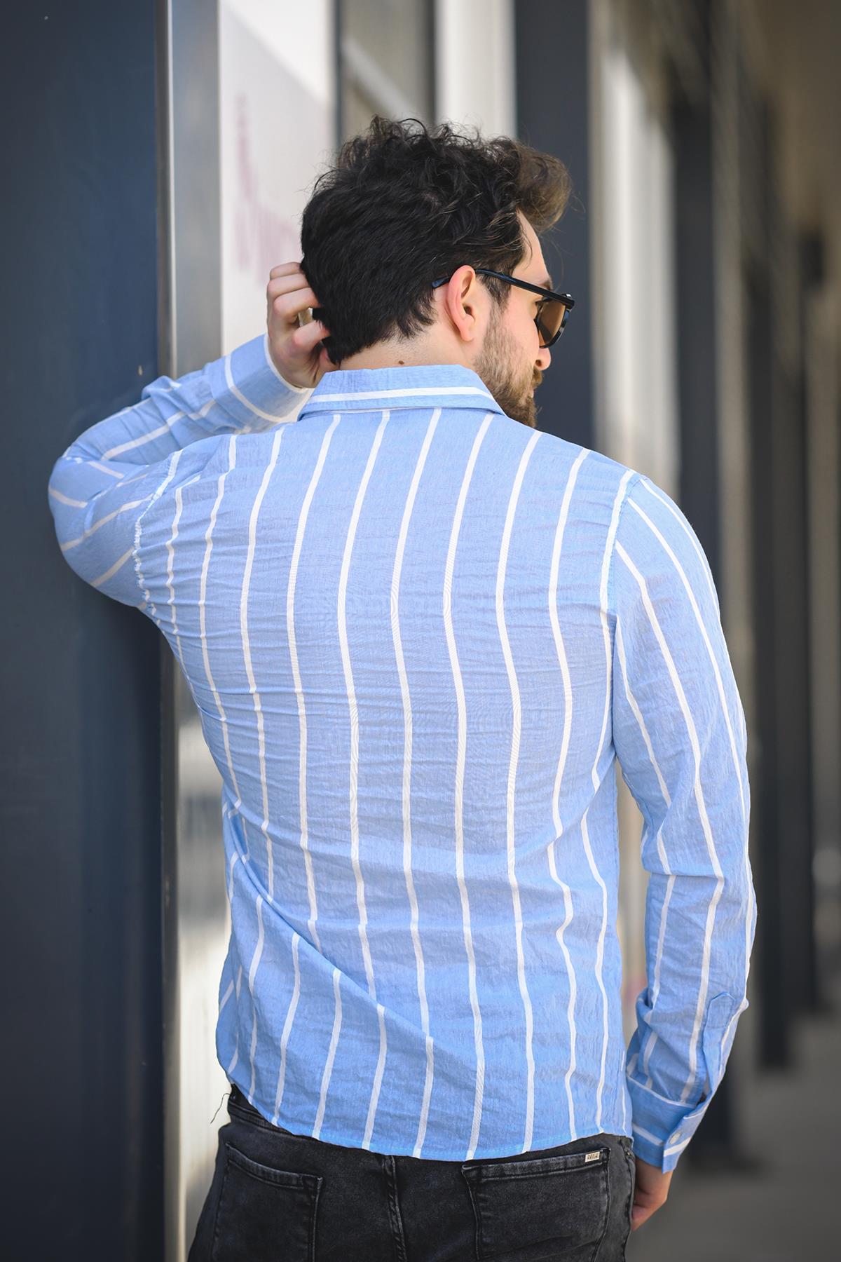 Ht 9540006 Slim Fit Çizgili Uzun Kol KetenErkek Gömlek