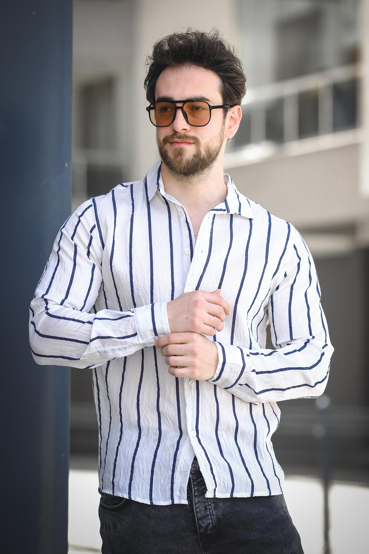 Ht 9540006 Slim Fit Çizgili Uzun Kol KetenErkek Gömlek
