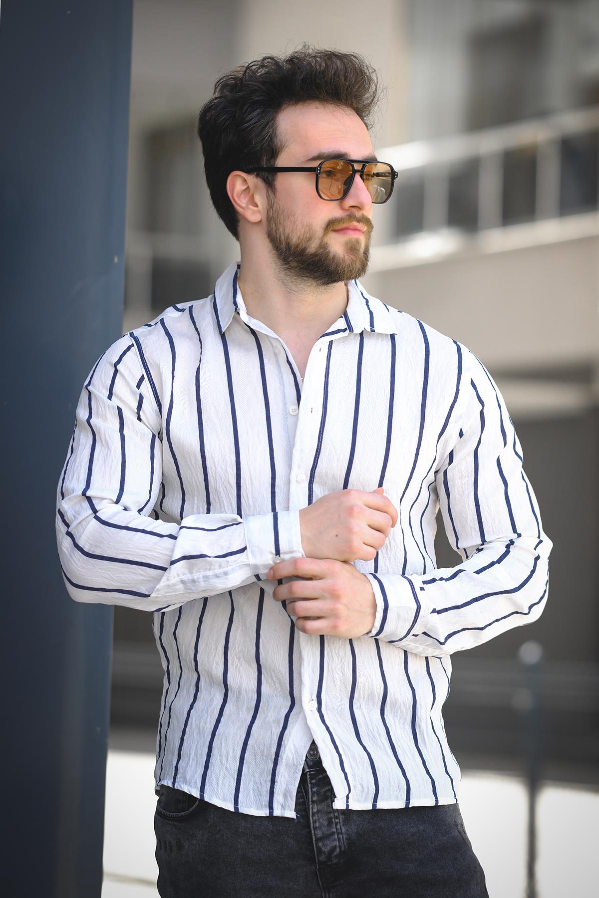 Ht 9540006 Slim Fit Çizgili Uzun Kol KetenErkek Gömlek