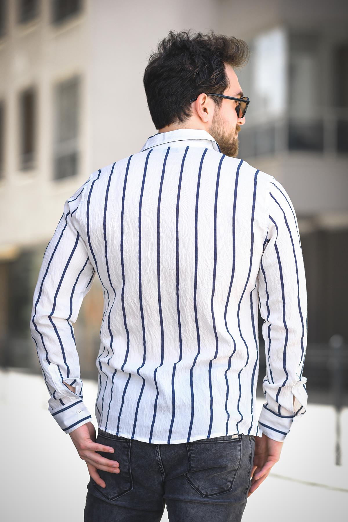 Ht 9540006 Slim Fit Çizgili Uzun Kol KetenErkek Gömlek