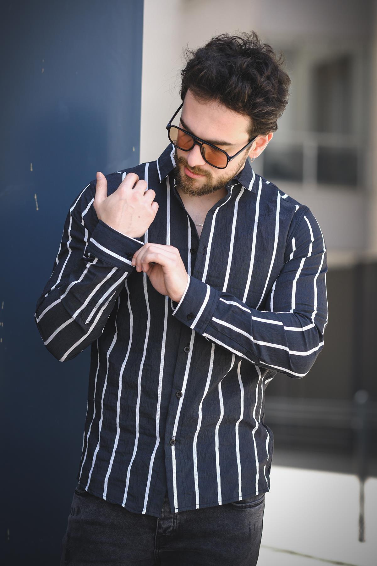 Ht 9540006 Slim Fit Çizgili Uzun Kol KetenErkek Gömlek