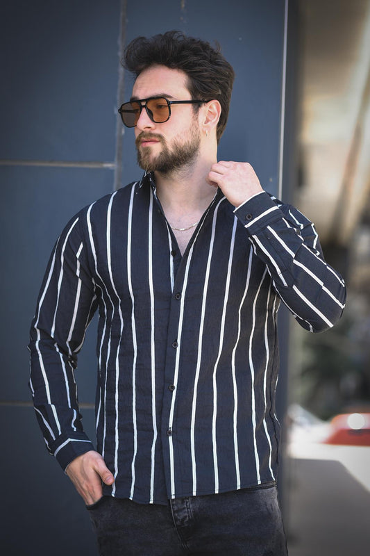 Ht 9540006 Slim Fit Çizgili Uzun Kol KetenErkek Gömlek