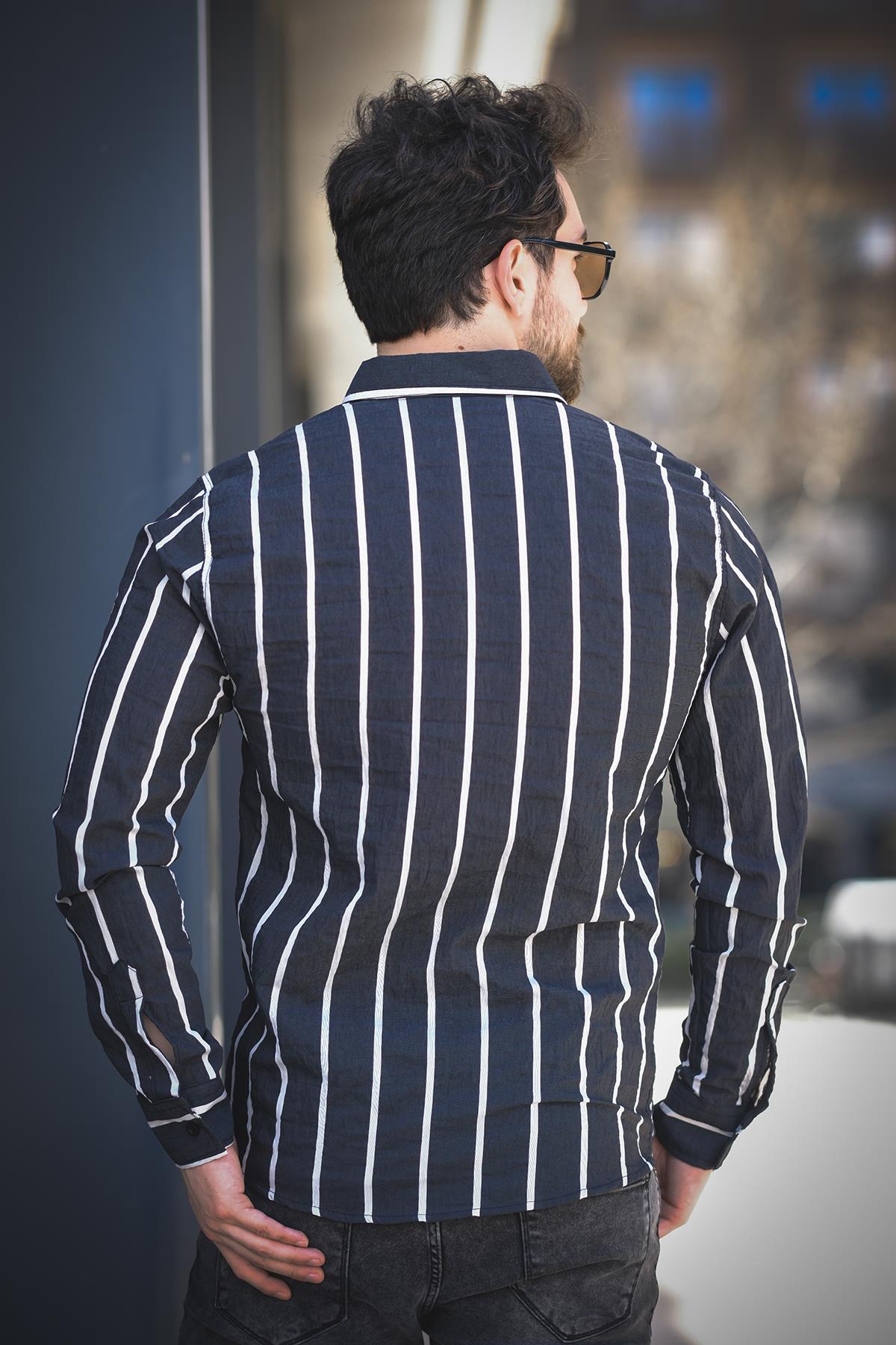 Ht 9540006 Slim Fit Çizgili Uzun Kol KetenErkek Gömlek