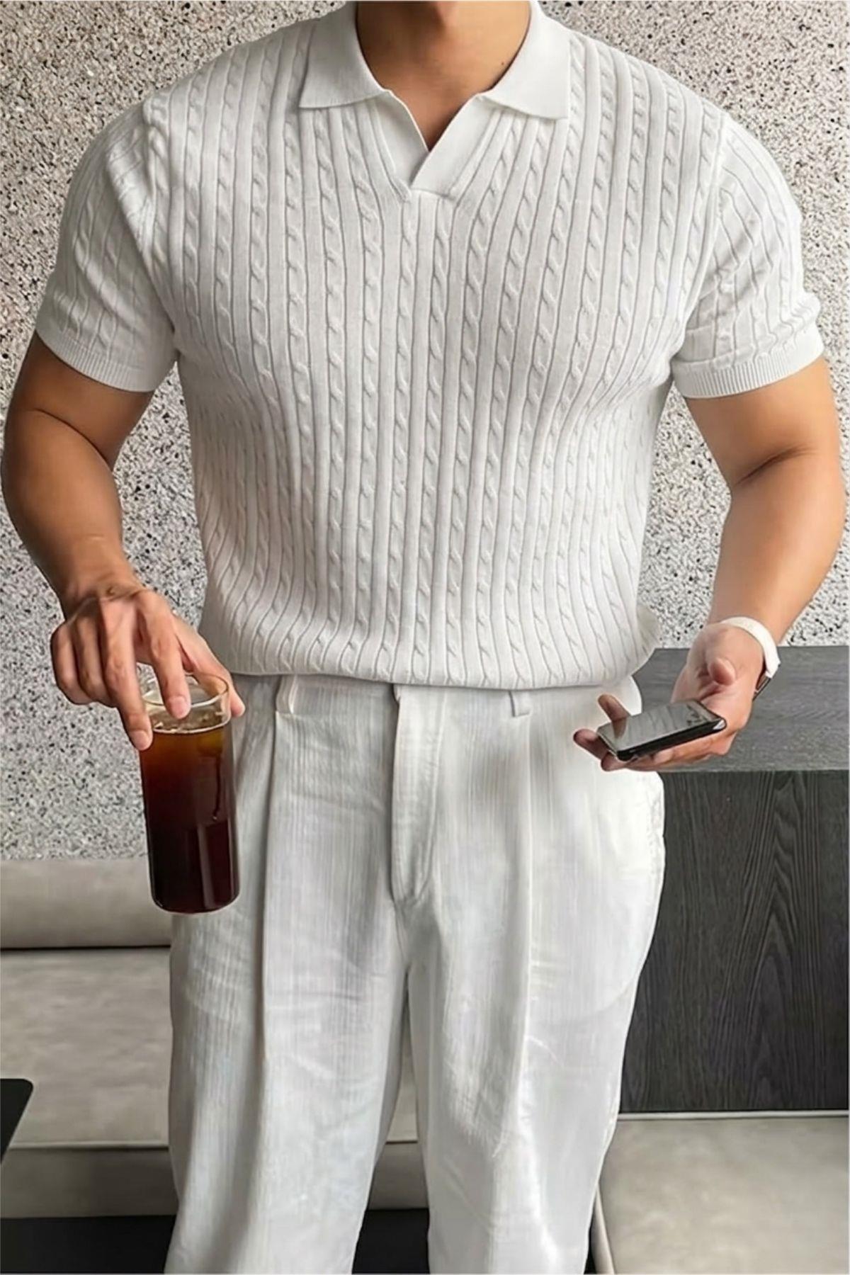 İtalyan Stil V Yaka Saç Örgü Detaylı Slim Fit Triko Erkek Polo Tshirt