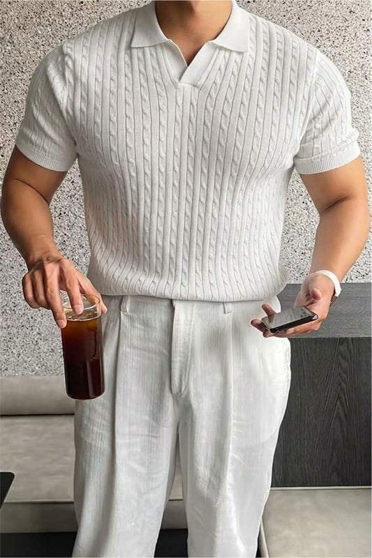 İtalyan Stil V Yaka Saç Örgü Detaylı Slim Fit Triko Erkek Polo Tshirt