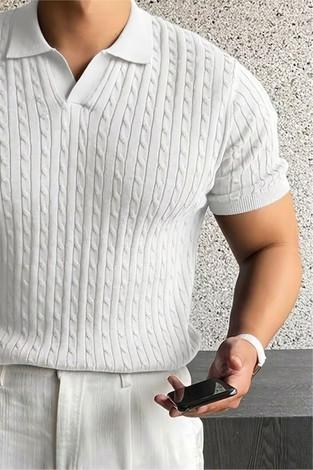 İtalyan Stil V Yaka Saç Örgü Detaylı Slim Fit Triko Erkek Polo Tshirt
