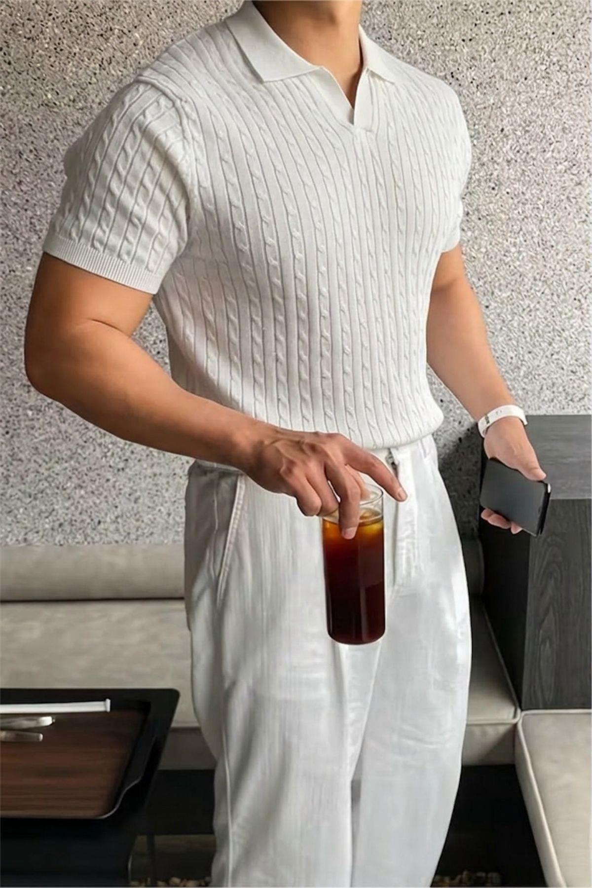 İtalyan Stil V Yaka Saç Örgü Detaylı Slim Fit Triko Erkek Polo Tshirt