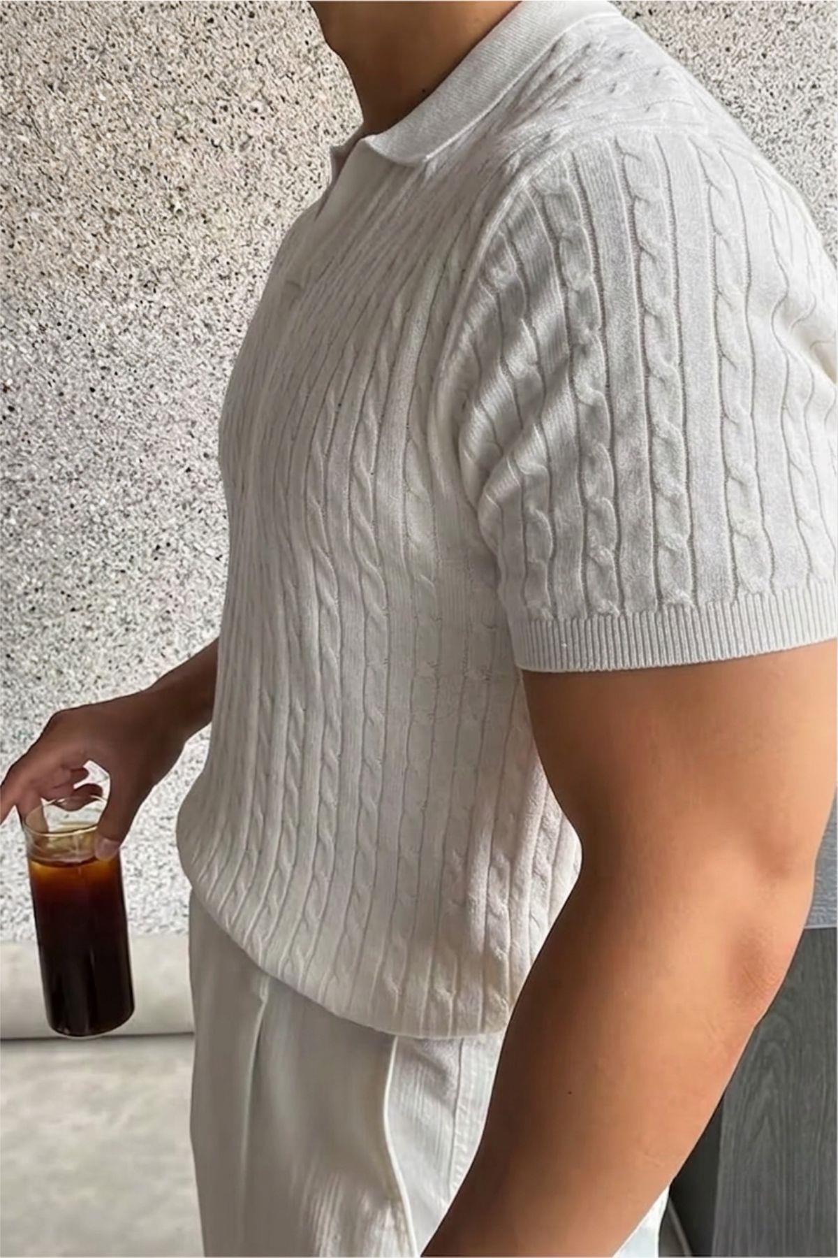 İtalyan Stil V Yaka Saç Örgü Detaylı Slim Fit Triko Erkek Polo Tshirt