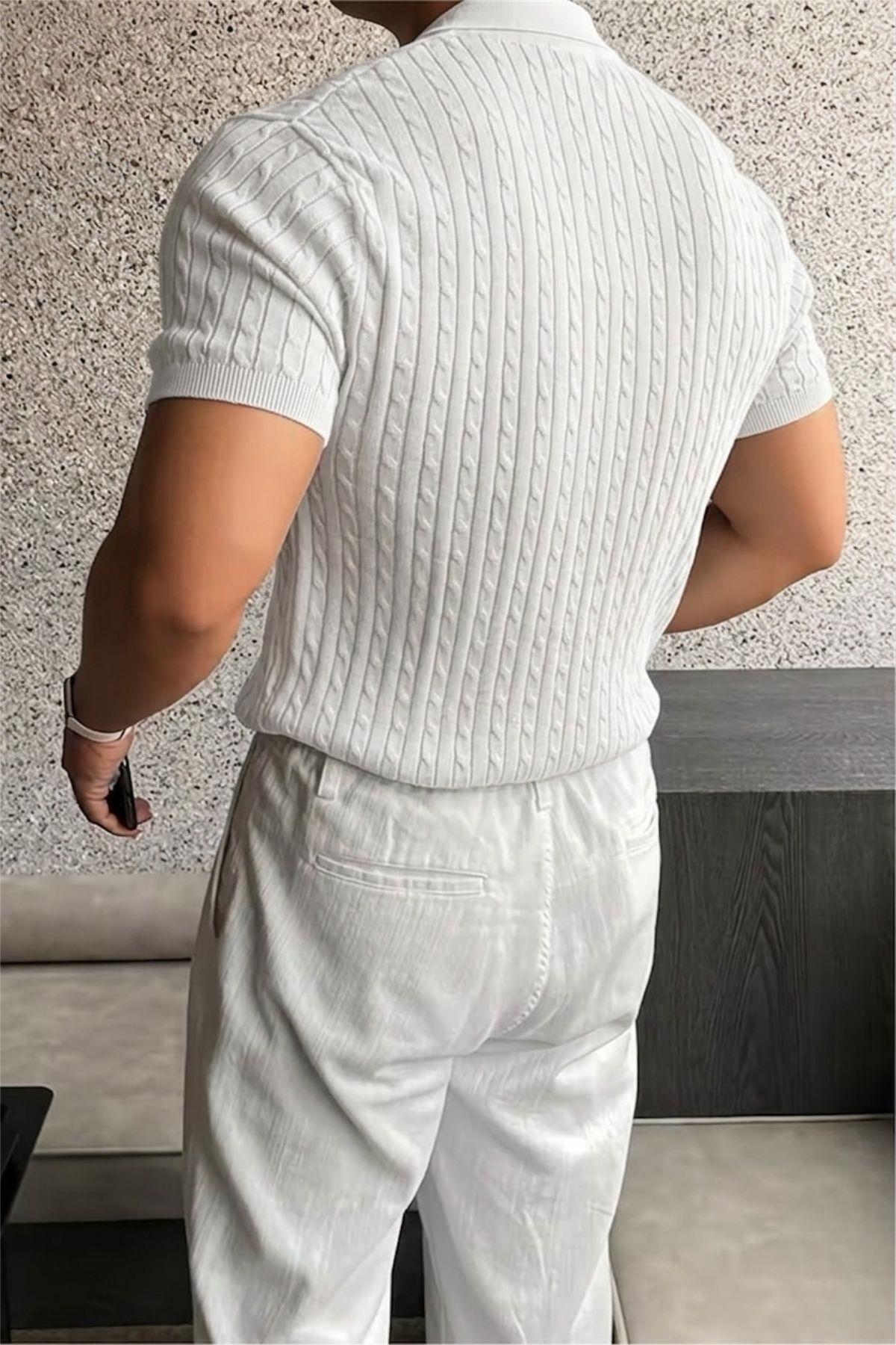 İtalyan Stil V Yaka Saç Örgü Detaylı Slim Fit Triko Erkek Polo Tshirt