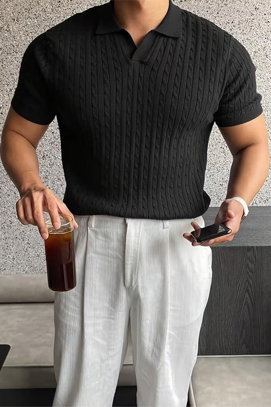 İtalyan Stil V Yaka Saç Örgü Detaylı Slim Fit Triko Erkek Polo Tshirt