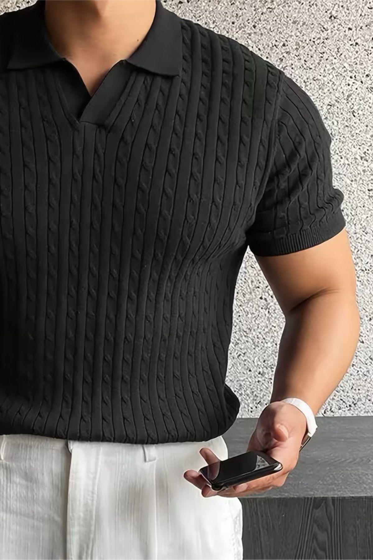 İtalyan Stil V Yaka Saç Örgü Detaylı Slim Fit Triko Erkek Polo Tshirt