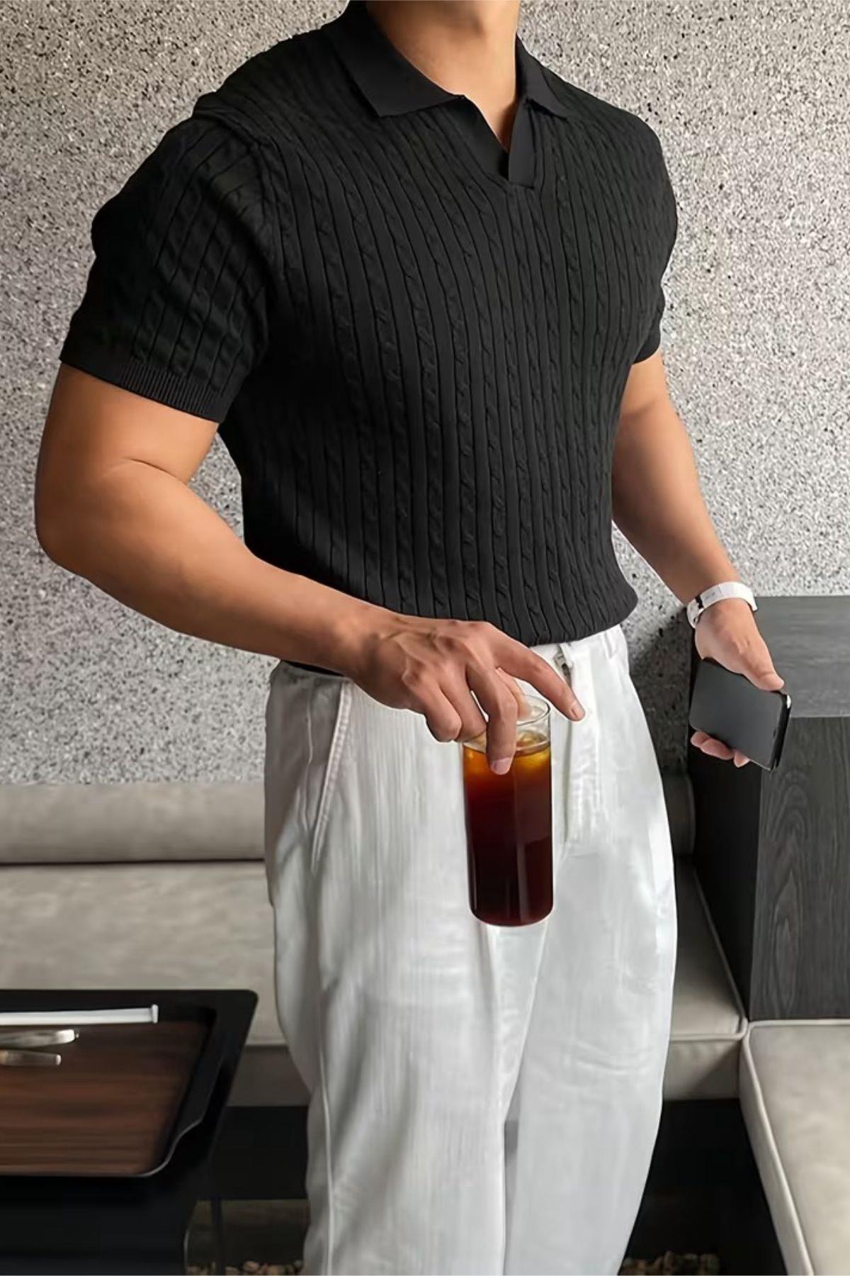 İtalyan Stil V Yaka Saç Örgü Detaylı Slim Fit Triko Erkek Polo Tshirt