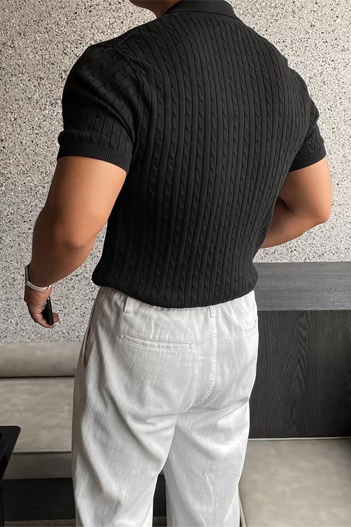İtalyan Stil V Yaka Saç Örgü Detaylı Slim Fit Triko Erkek Polo Tshirt