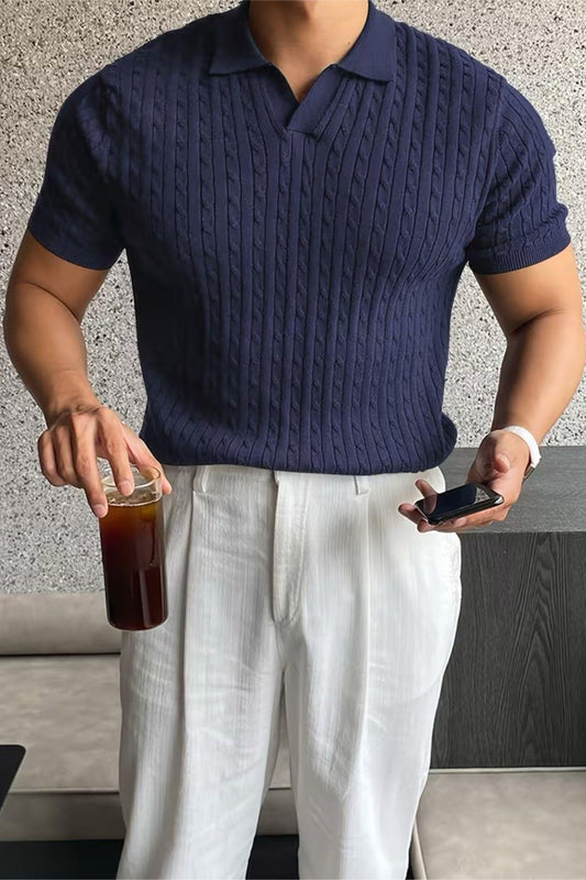 İtalyan Stil V Yaka Saç Örgü Detaylı Slim Fit Triko Erkek Polo Tshirt