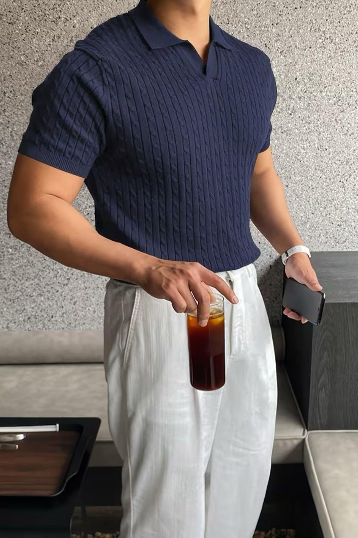 İtalyan Stil V Yaka Saç Örgü Detaylı Slim Fit Triko Erkek Polo Tshirt