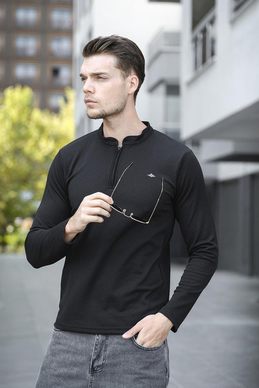 Jakbo Fermuarlı Hakim Yaka Petek Desen Erkek Uzulkol Tshirt Sweat