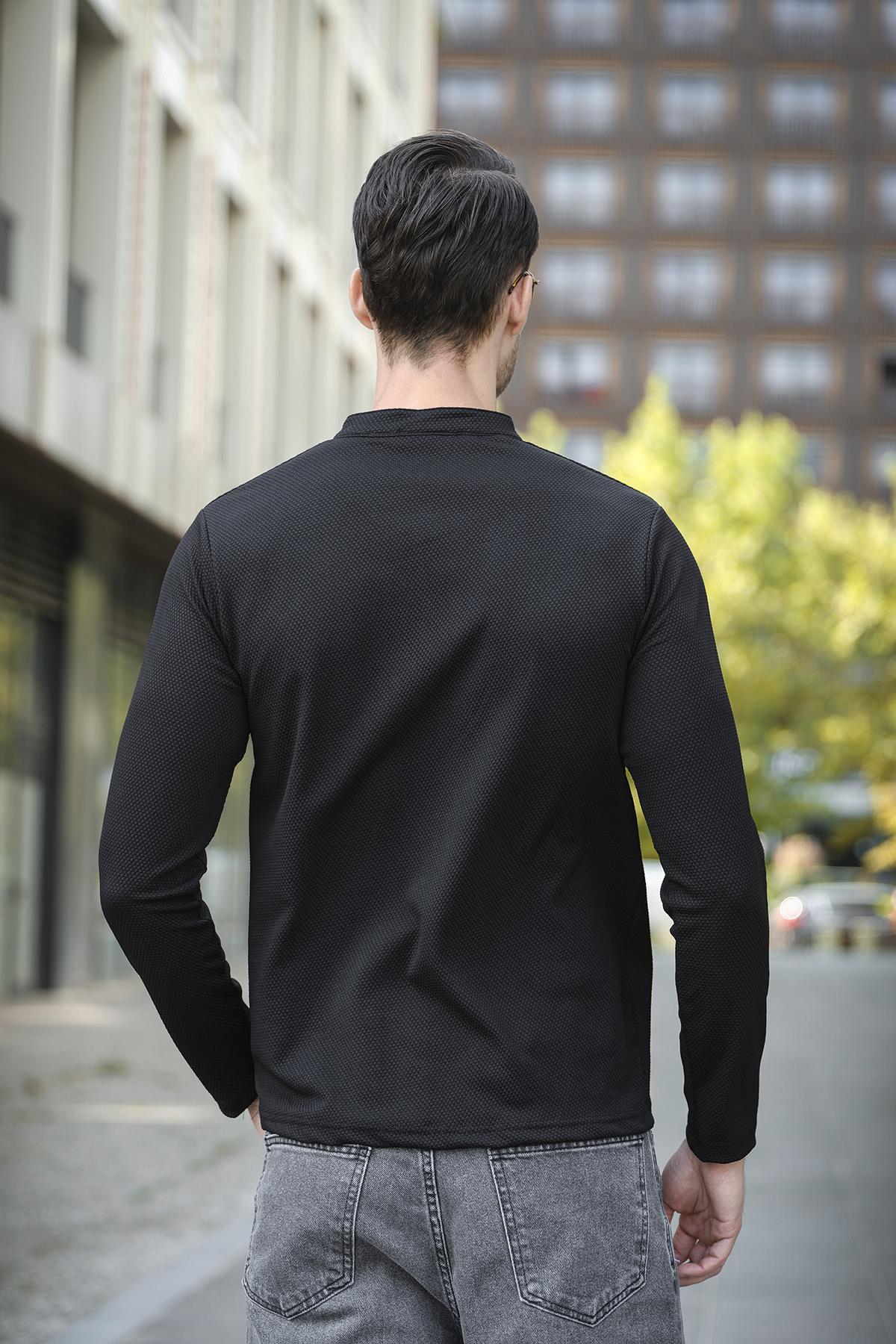 Jakbo Fermuarlı Hakim Yaka Petek Desen Erkek Uzulkol Tshirt Sweat