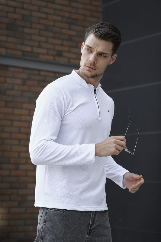 Jakbo Fermuarlı Hakim Yaka Petek Desen Erkek Uzulkol Tshirt Sweat