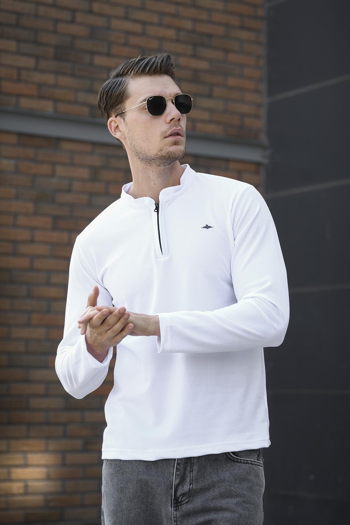 Jakbo Fermuarlı Hakim Yaka Petek Desen Erkek Uzulkol Tshirt Sweat