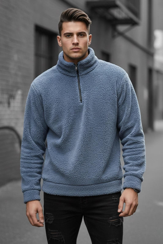 Jaky Slim Fit Peluş Yarım Tam Fermuarlı Dik Yaka Kalın Erkek Sweatshirt Polar