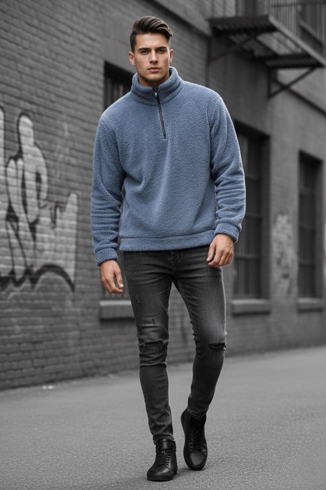 Jaky Slim Fit Peluş Yarım Tam Fermuarlı Dik Yaka Kalın Erkek Sweatshirt Polar