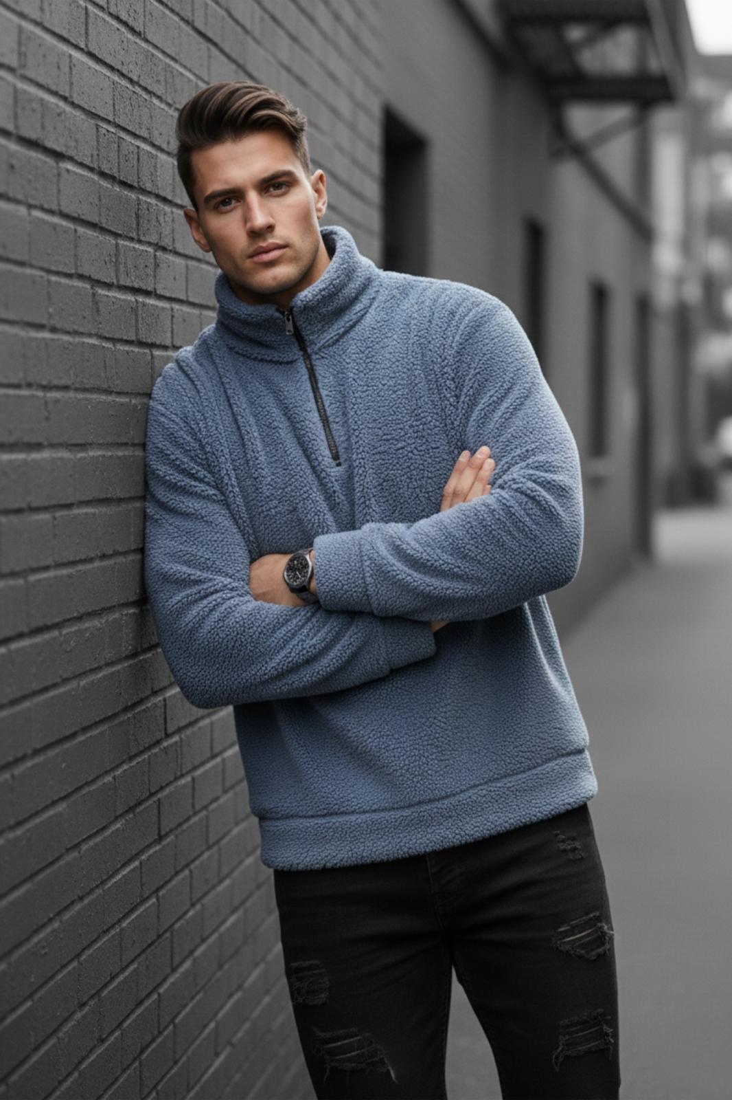 Jaky Slim Fit Peluş Yarım Tam Fermuarlı Dik Yaka Kalın Erkek Sweatshirt Polar
